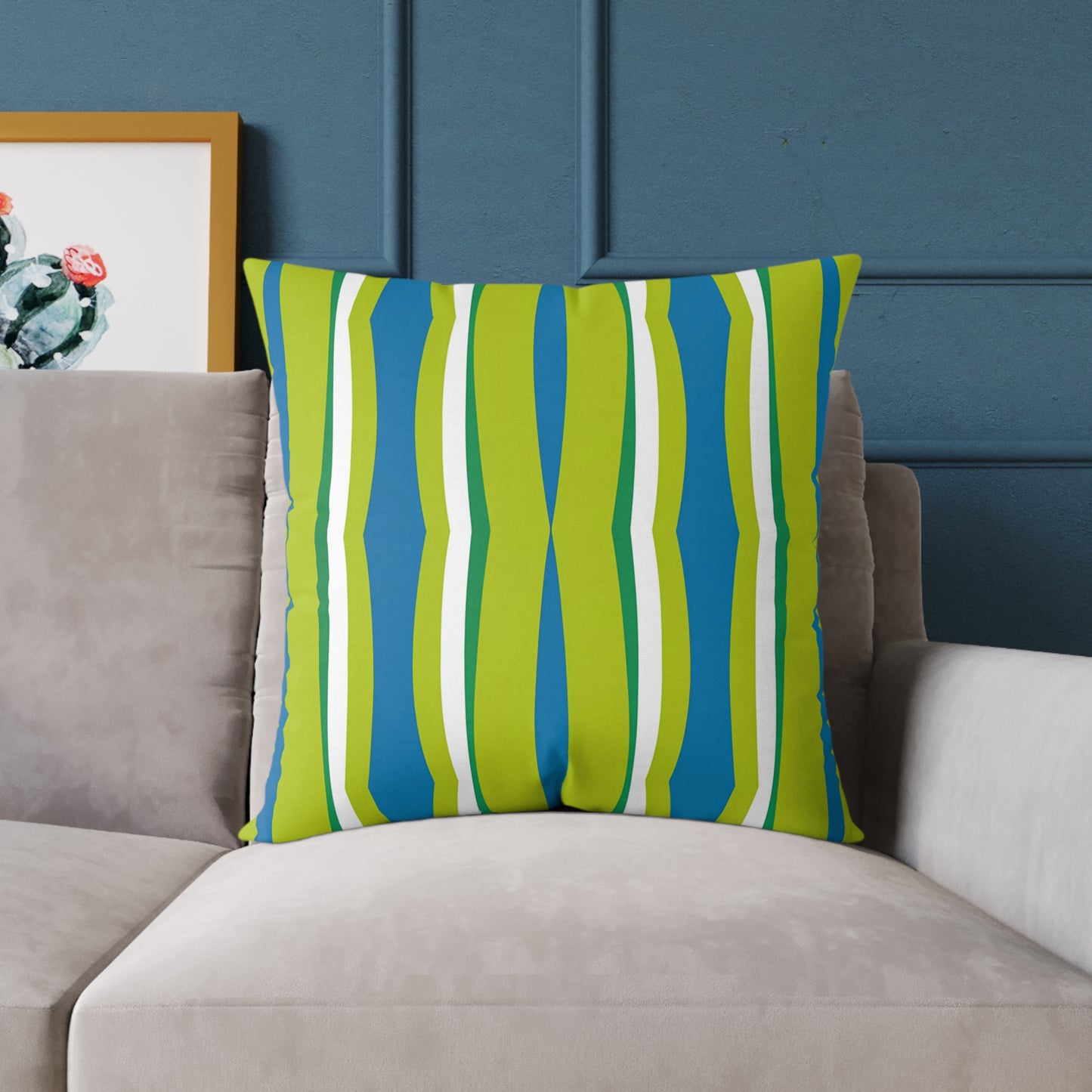 Green Blue Wavy Stripes Square Pillow | Modern Geometric Throw Pillow