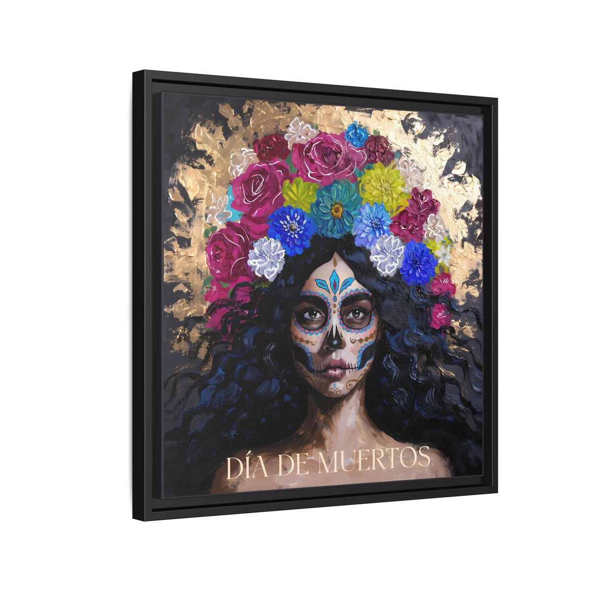 Día de Muertos Sugar Skull Woman Matte Canvas Framed | Floral Headdress Wall Art