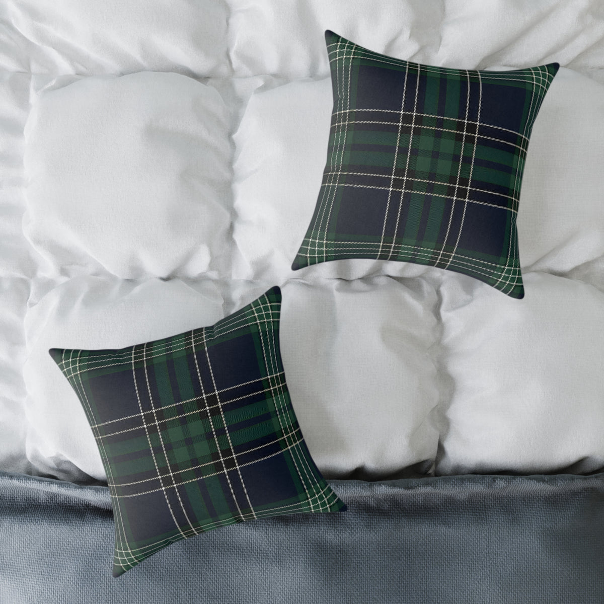 Green Navy White Tartan Plaid Square Poly Canvas Pillow | Woodland Plaid Throw Pillow