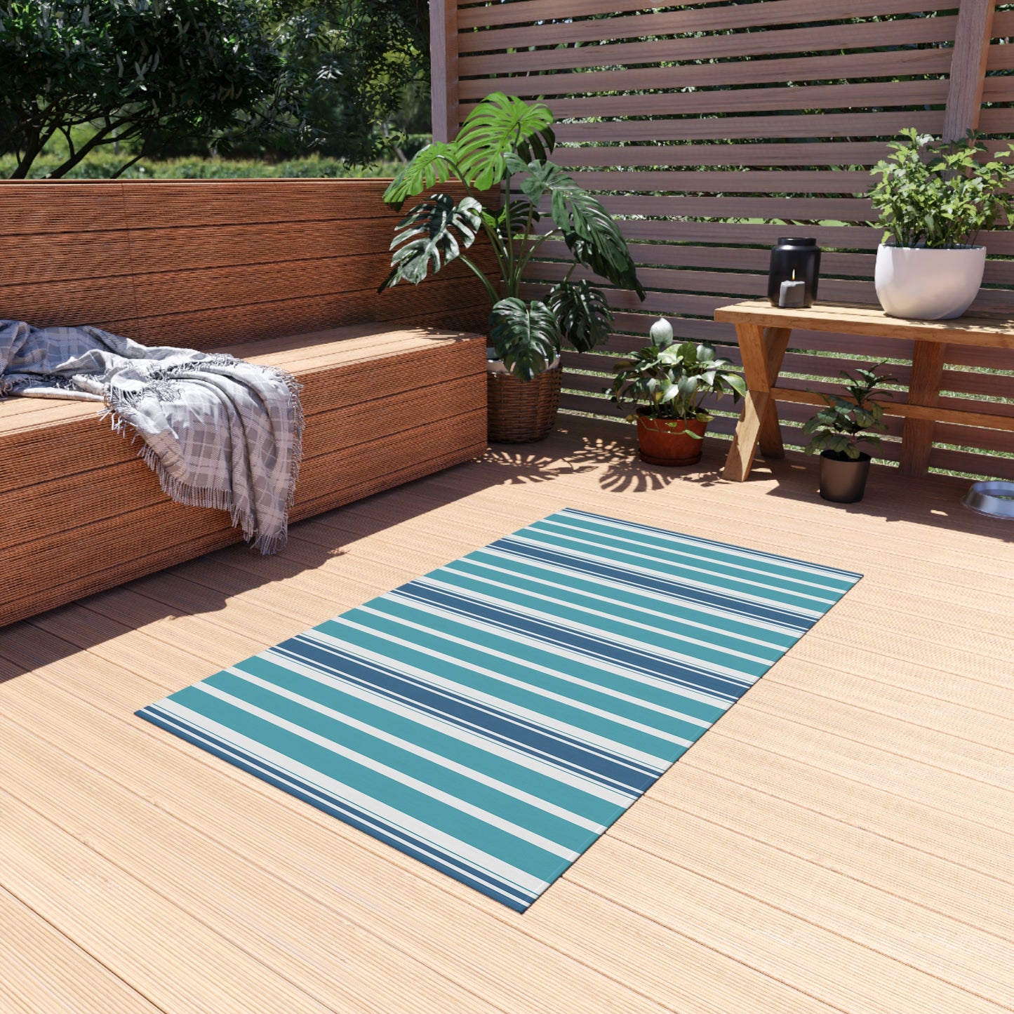 Blue Teal White Stripe Outdoor/Indoor Rug | Patio Deck Mat