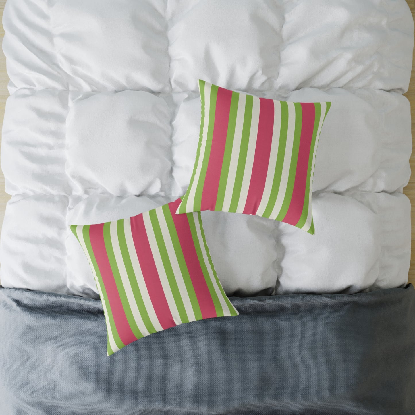 Watermelon Pink Green Vertical Stripe Pillow | Square Poly Canvas Pillow