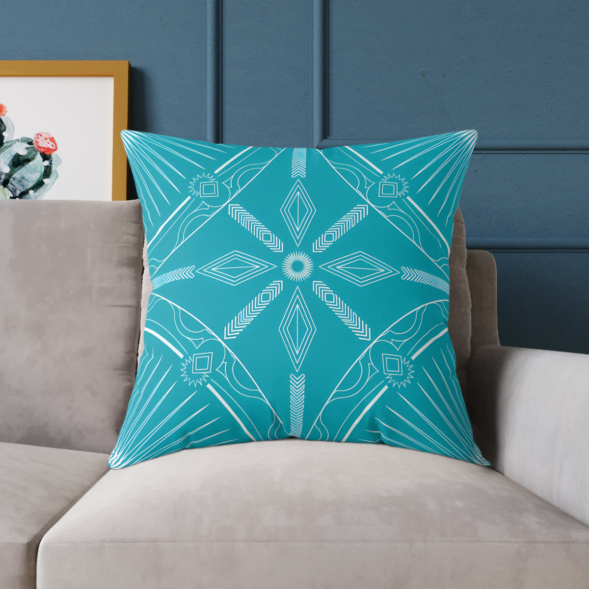 Turquoise White Geometric Mandala Square Pillow | Turquoise Decorative Cushion