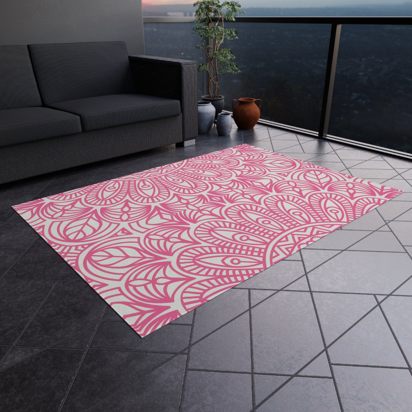 Pink Mandala Pattern Outdoor/Indoor Rug | Floral Patio Mat