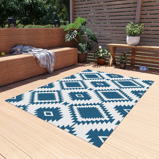 Blue White Aztec Diamond Outdoor/Indoor Rug | Geometric Patio Mat