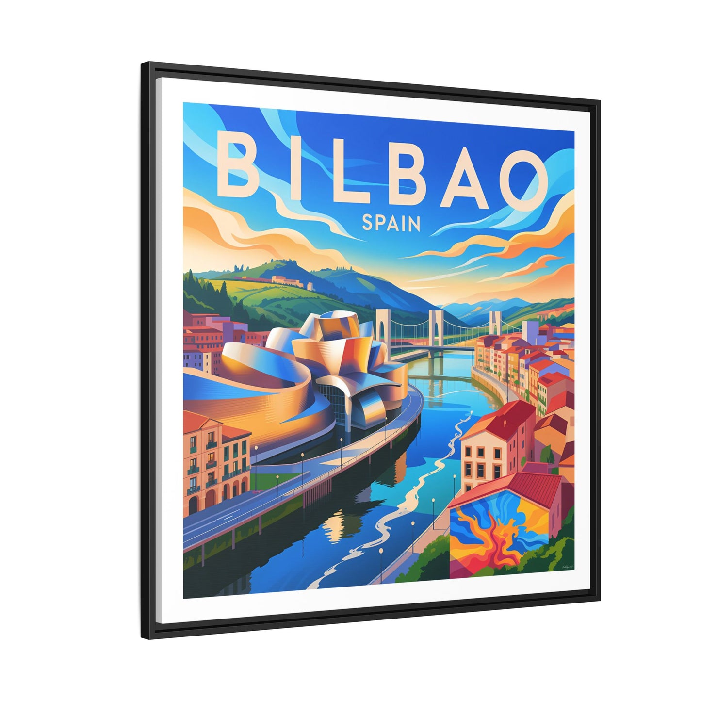 Bilbao Spain travel art Matte Canvas Framed | Bilbao cityscape wall art
