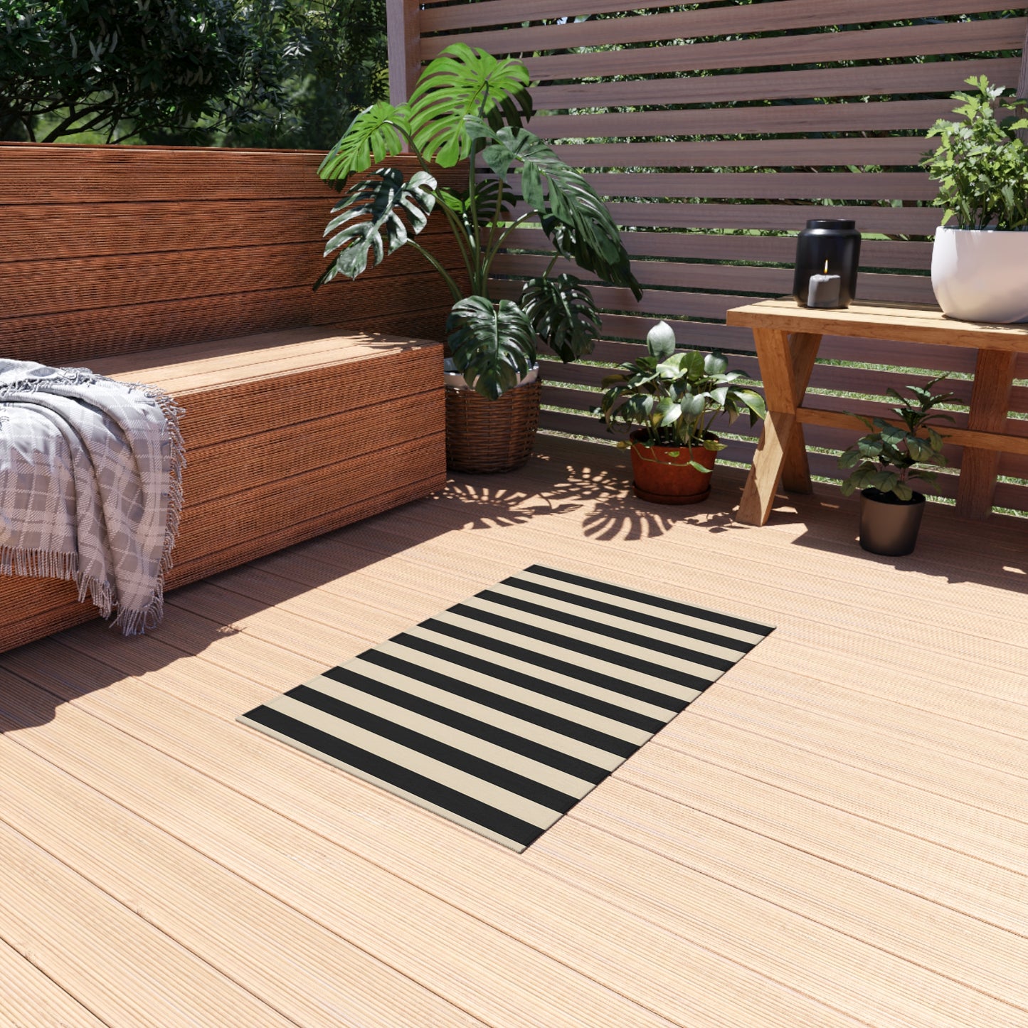 Black and Natural Striped Outdoor/Indoor Rug | Patio Floor Mat