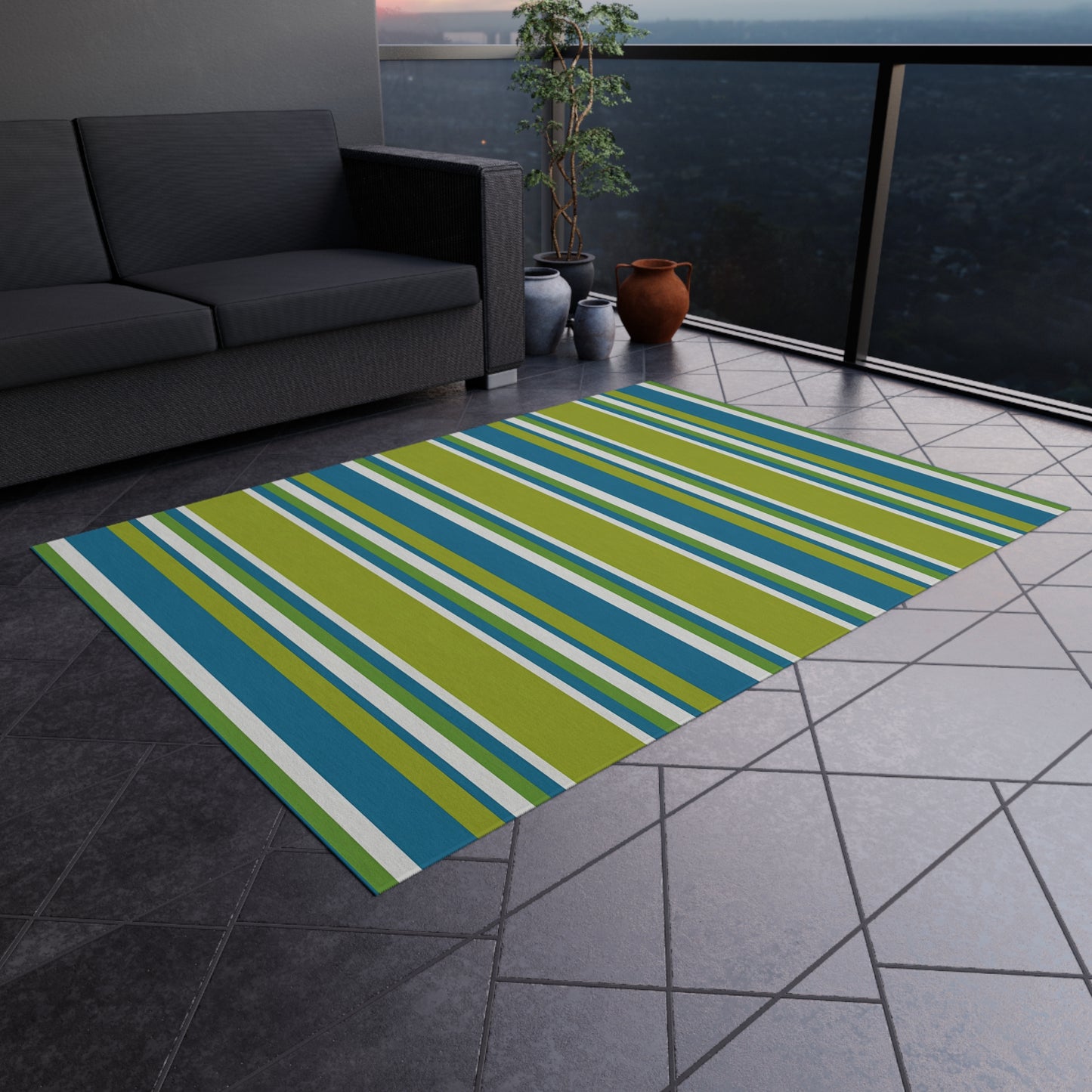 Blue Green White Stripe Outdoor/Indoor Rug | Patio Mat, Weather-Resistant
