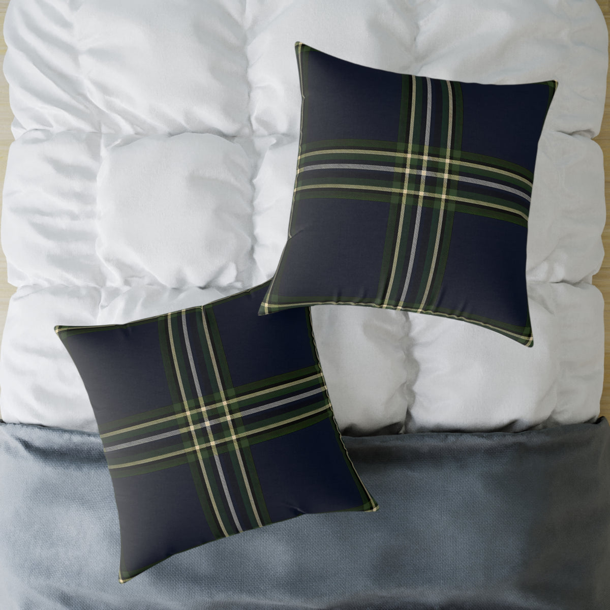 Green Navy Black Beige White Plaid Throw Pillow | Square Poly Canvas Pillow