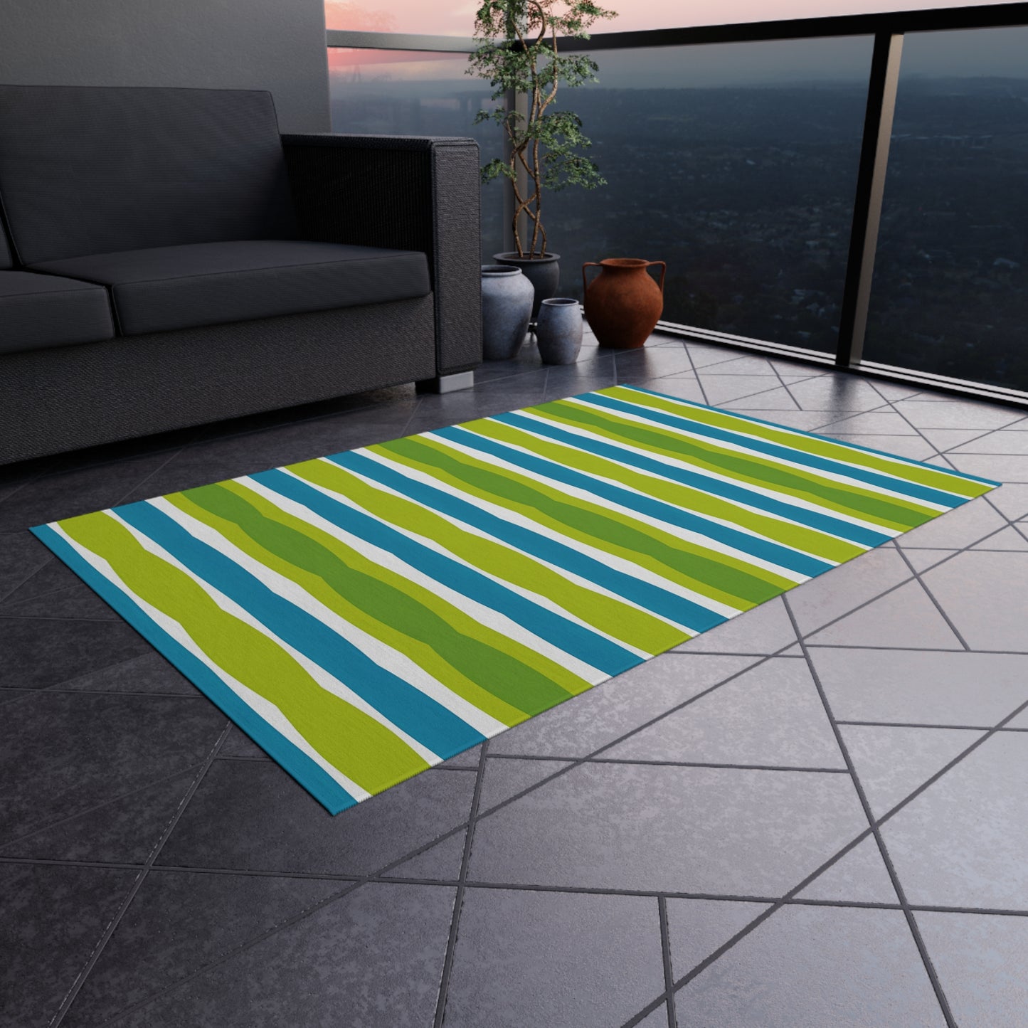 Blue Green Wave Stripe Outdoor/Indoor Rug | Patio Mat, Weatherproof Floor Covering