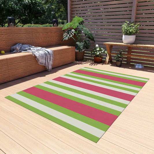 Watermelon Pink and Green Striped Outdoor Rug | Patio Mat