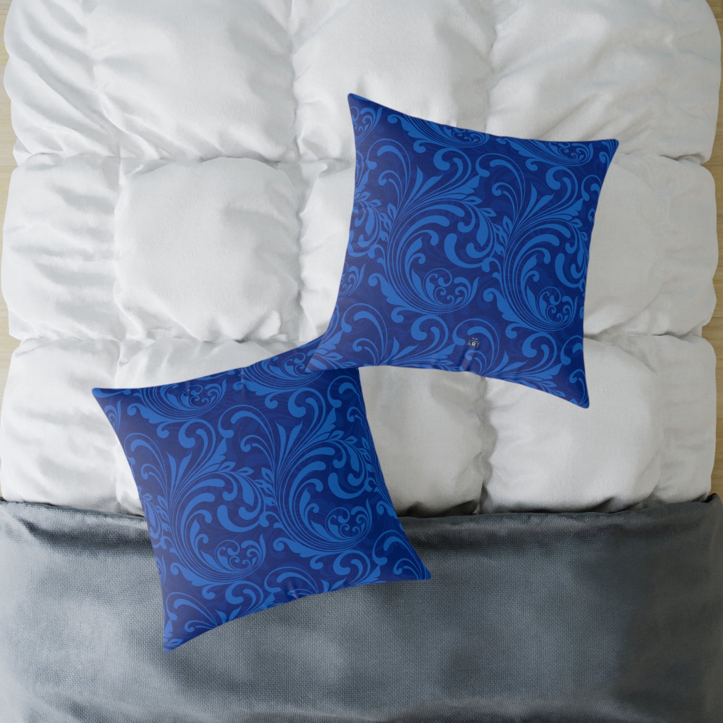 Blue Damask Scroll Pattern Square Pillow | Ornamental Floral Throw Pillow
