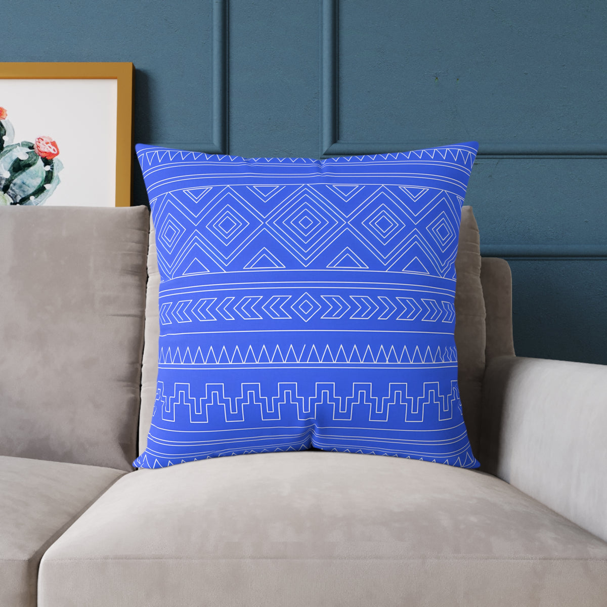 Blue Aztec Pattern Square Pillow | Geometric Tribal Throw Pillow