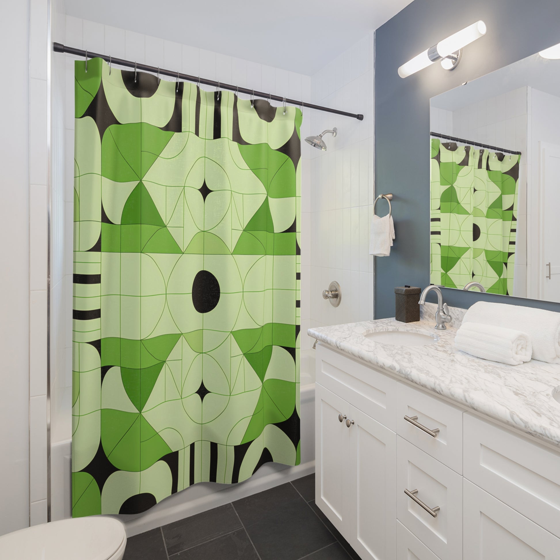 Geometric Green Shower Curtain, Modern Bathroom Decor, Stylish Home Accessory, Gift for New Homeowners, Unique Interior Design - LOLA VEGAS ART