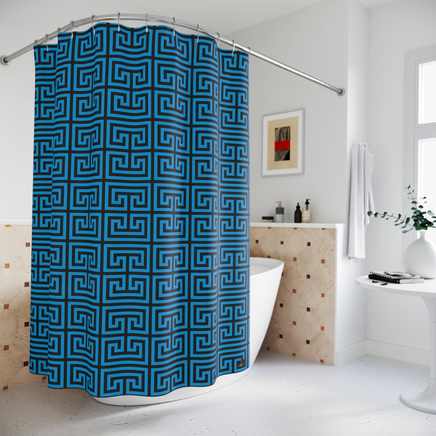 Blue Greek Key Pattern Shower Curtain | Geometric Bathroom Decor Glam Bathroom Accessory