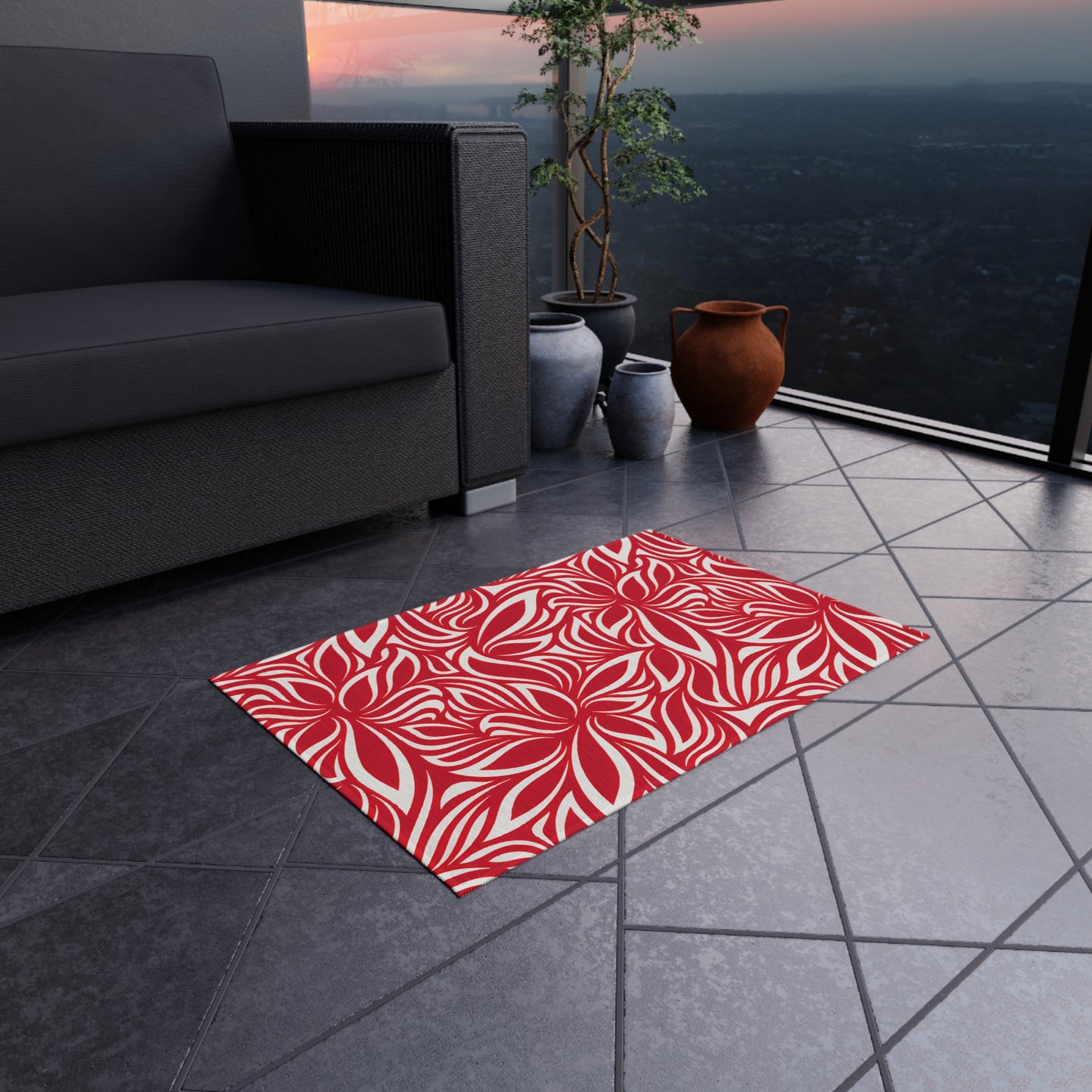 Red White Tropical Leaf Pattern Outdoor/Indoor Rug | Patio Mat