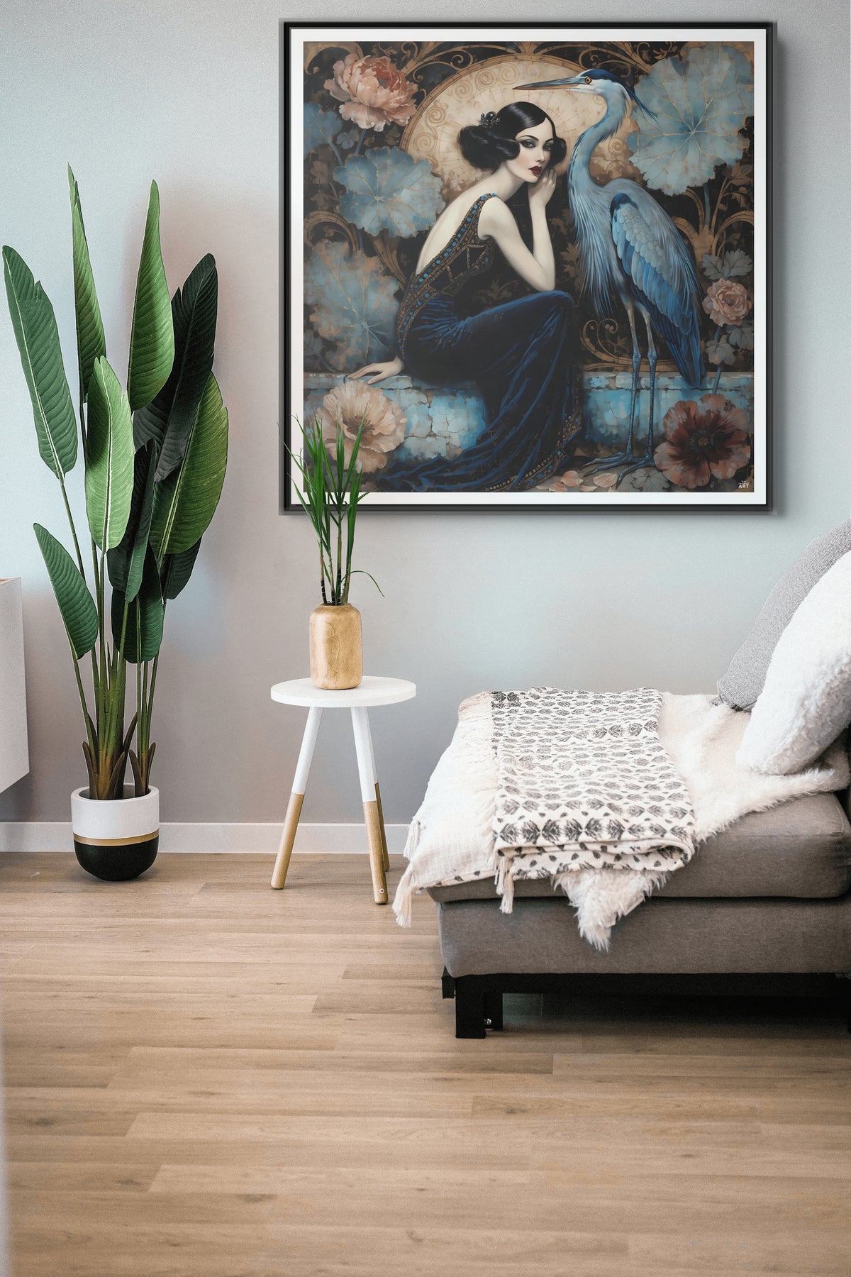 Art Deco Lady with Blue Heron Framed Canvas Wall Art