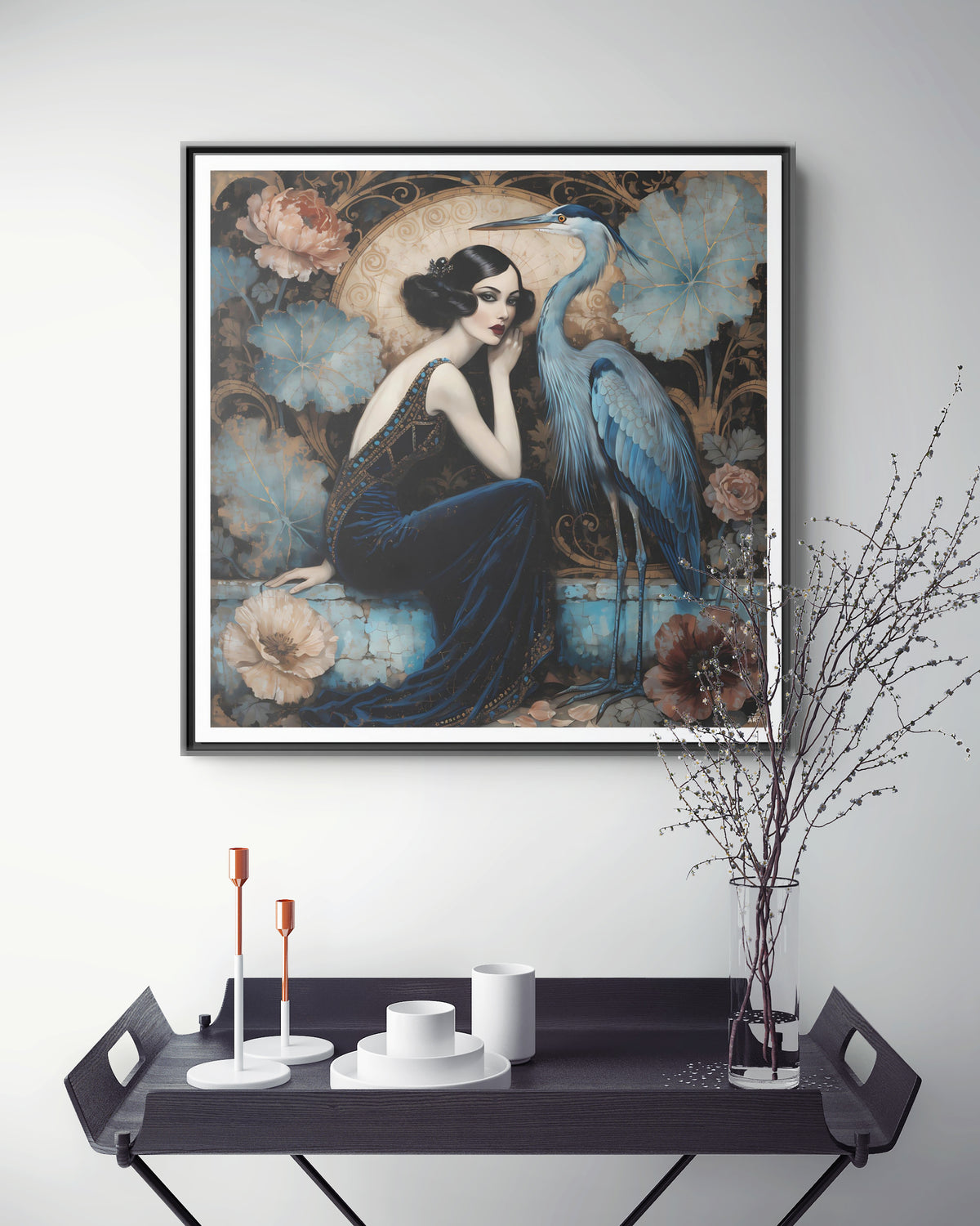 Art Deco Lady with Blue Heron Framed Canvas Wall Art