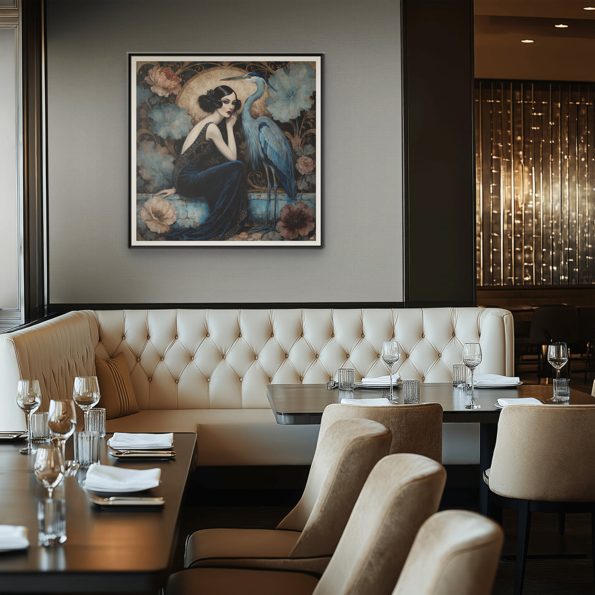Art Deco Lady with Blue Heron Framed Canvas Wall Art
