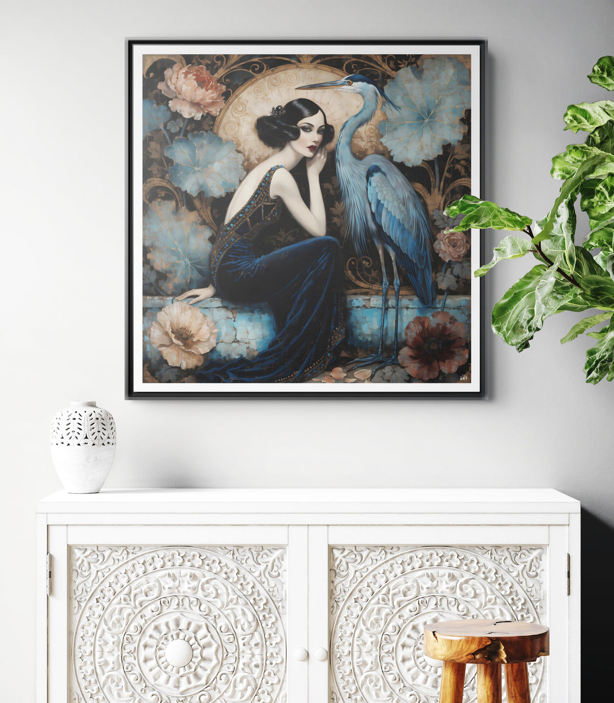 Art Deco Lady with Blue Heron Framed Canvas Wall Art