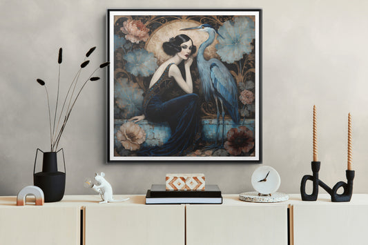 Art Deco Lady with Blue Heron Framed Canvas Wall Art