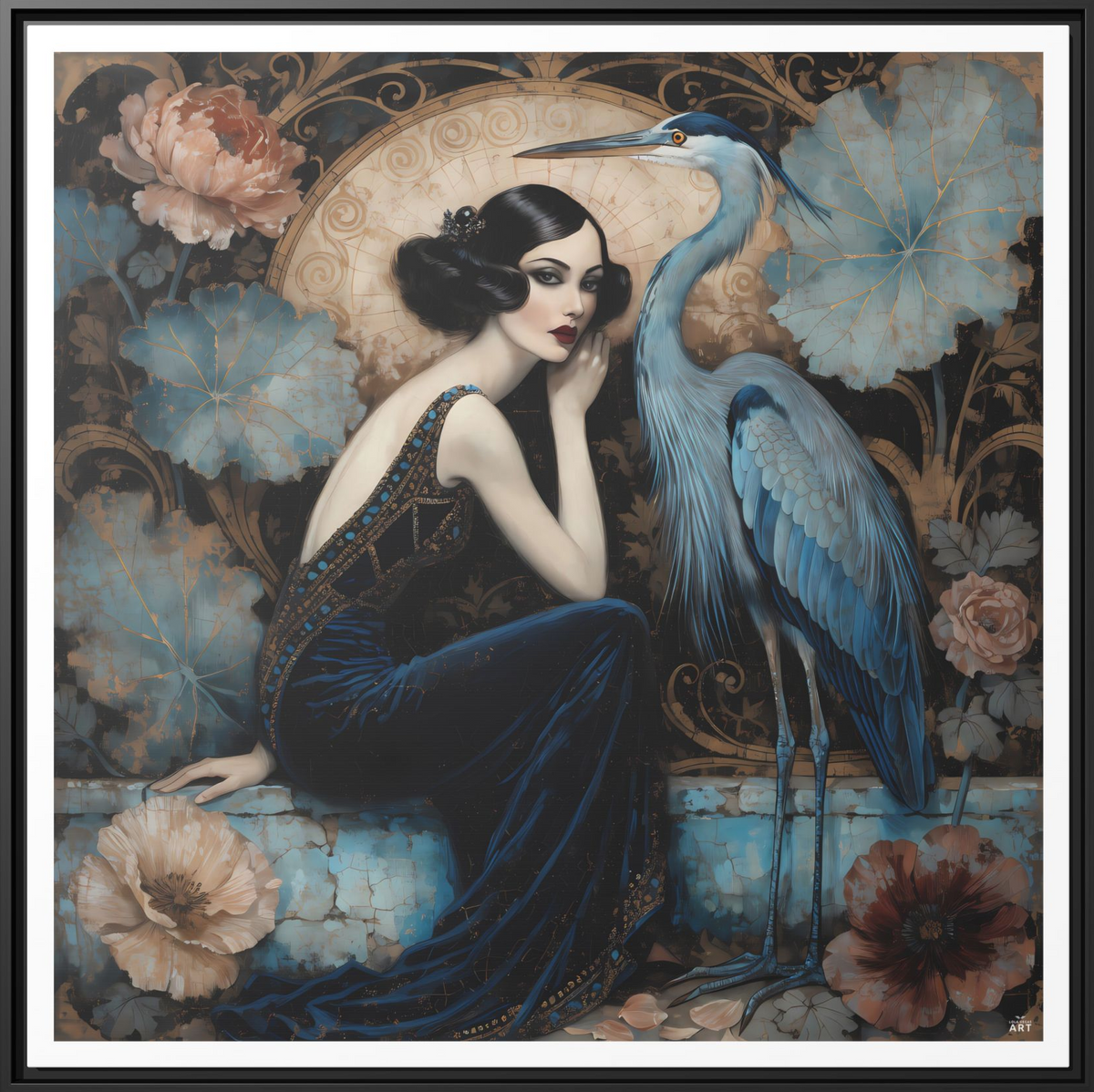 Art Deco Lady with Blue Heron Framed Canvas Wall Art