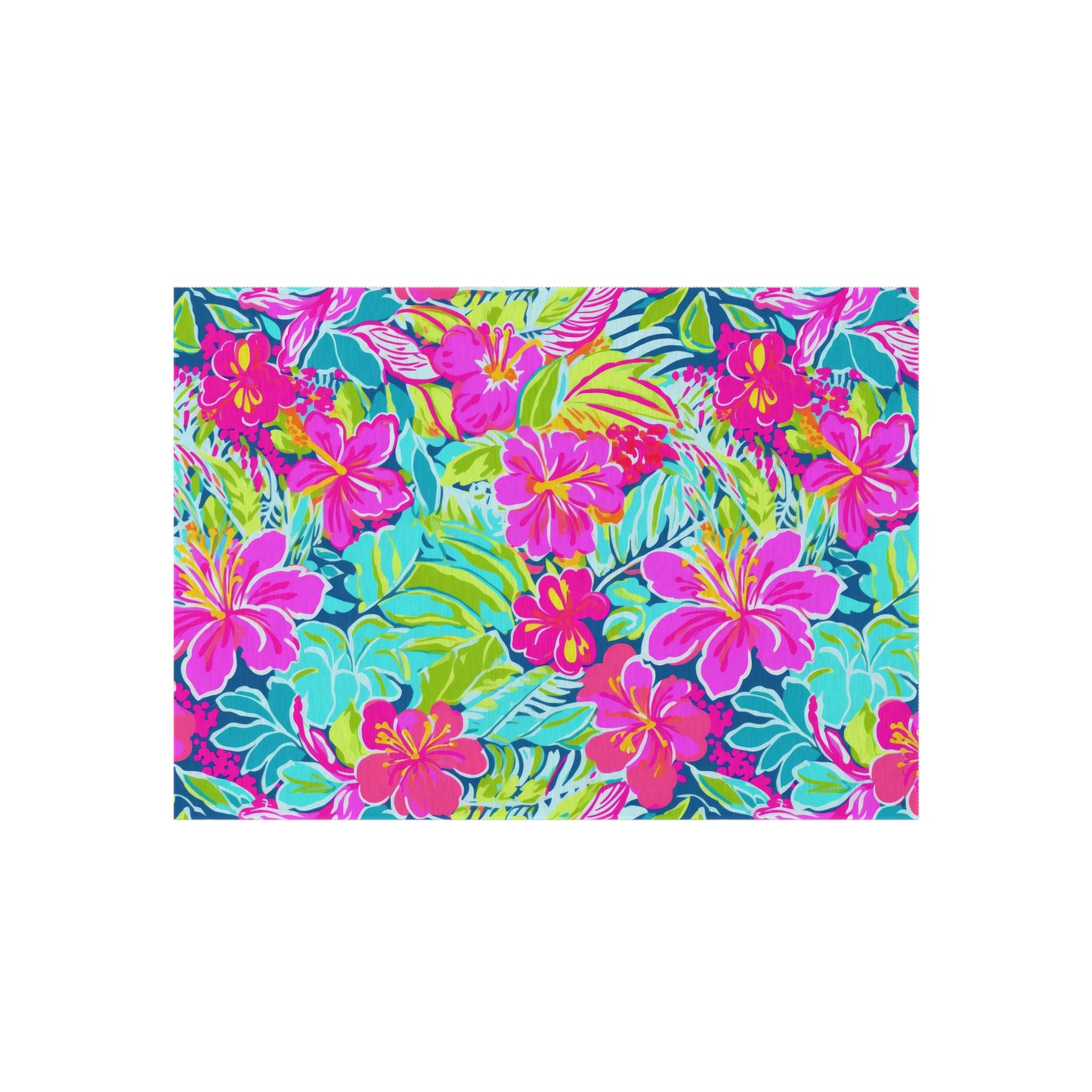 Tropical Hibiscus Floral Outdoor Rug | Bright Pink Teal Patio Mat