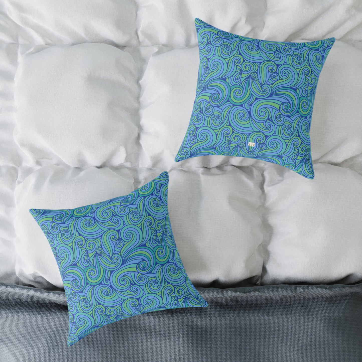 Blue Green Swirl Pattern Pillow | Square Poly Canvas Pillow
