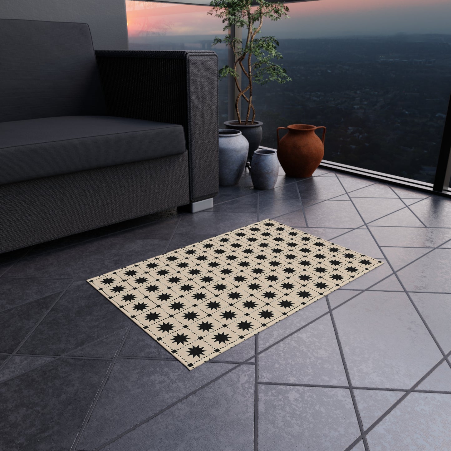 Black Star Tile Outdoor/Indoor Rug | Geometric Patio Mat, Weatherproof Accent Rug