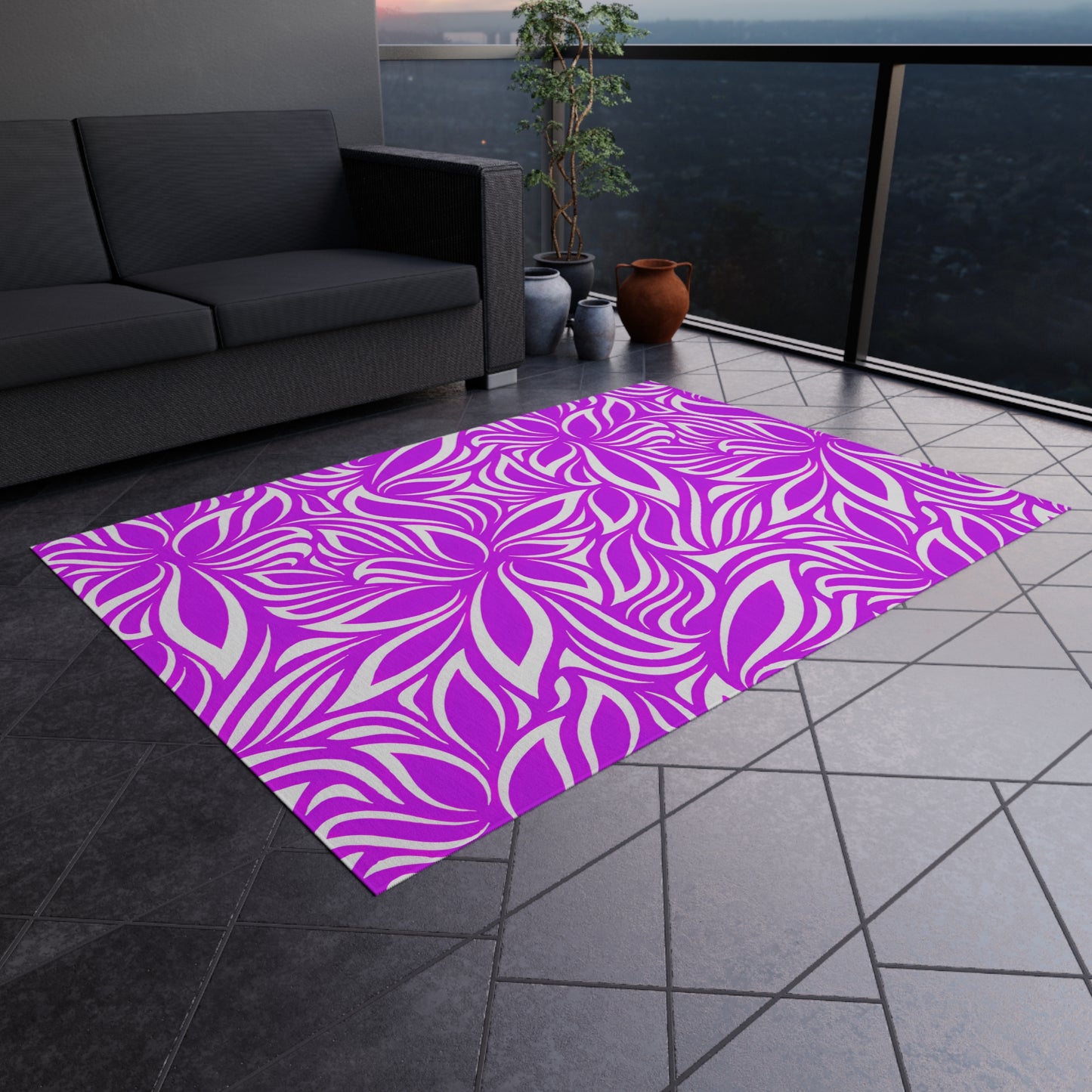 Magenta White Floral Pattern Outdoor/Indoor Rug | Tropical Leaf Medallion Patio Mat