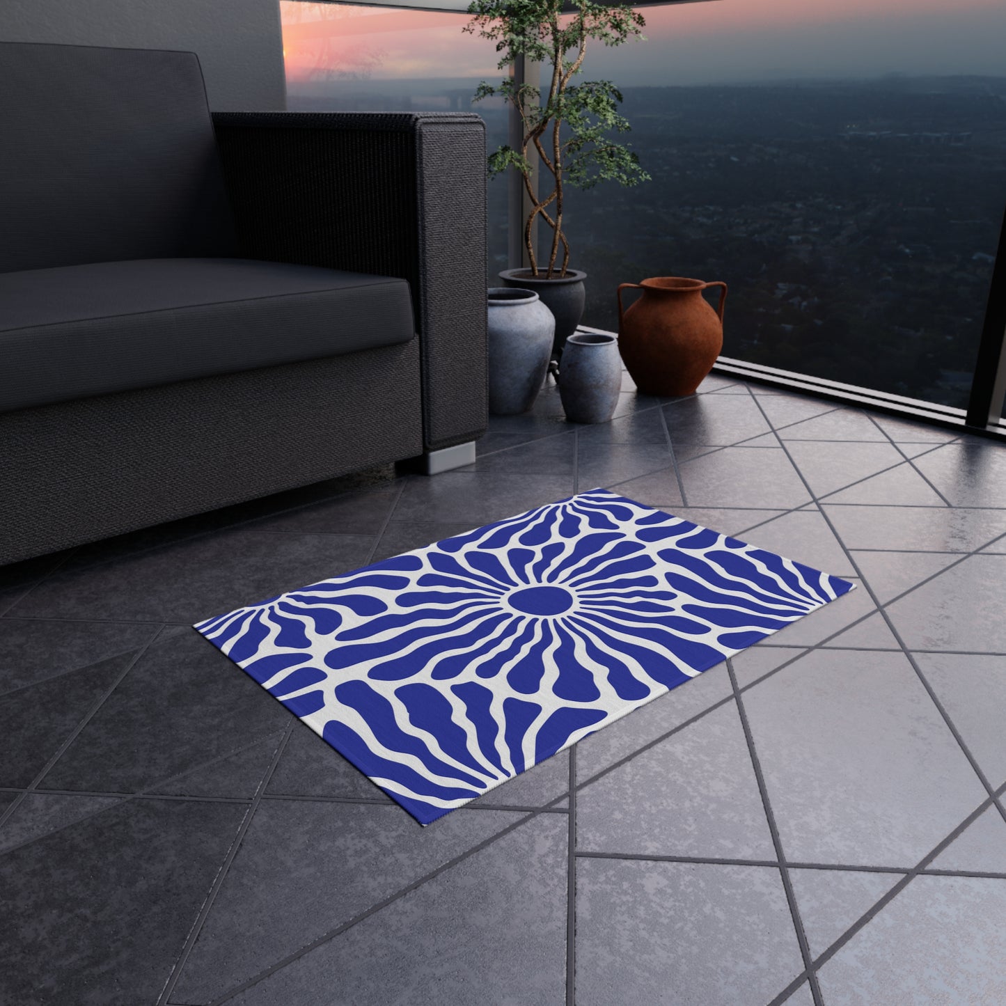 Blue White Radiant Floral Outdoor/Indoor Rug | Patio Mat, Water-Resistant Poolside
