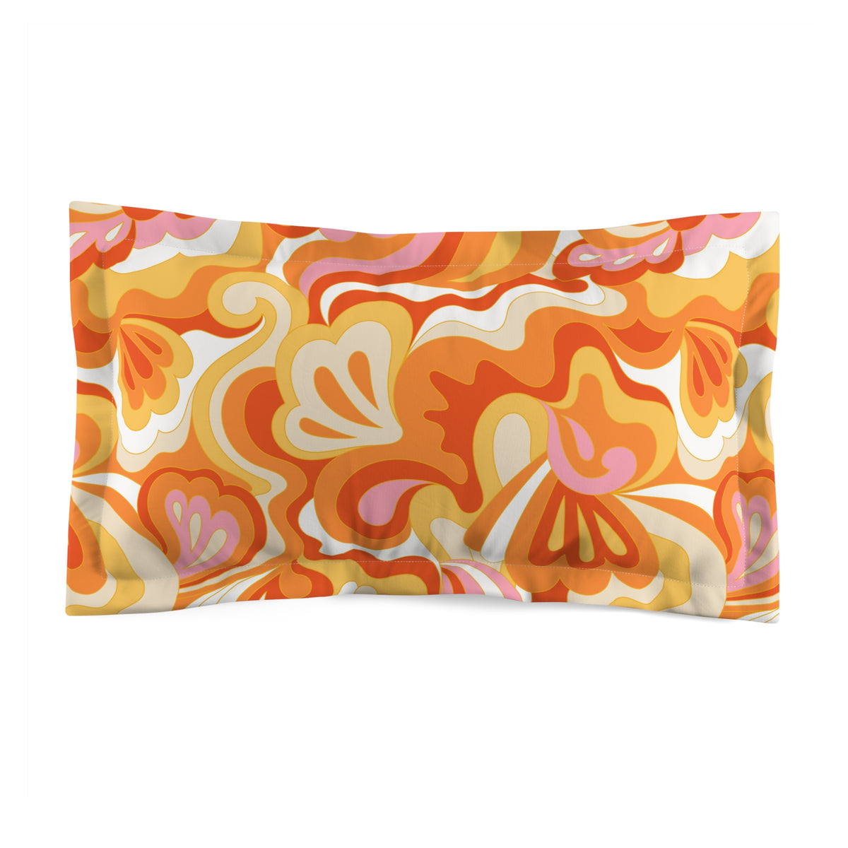 Retro Floral Swirl Microfiber Pillow Sham | 70s Orange Boho Bedding