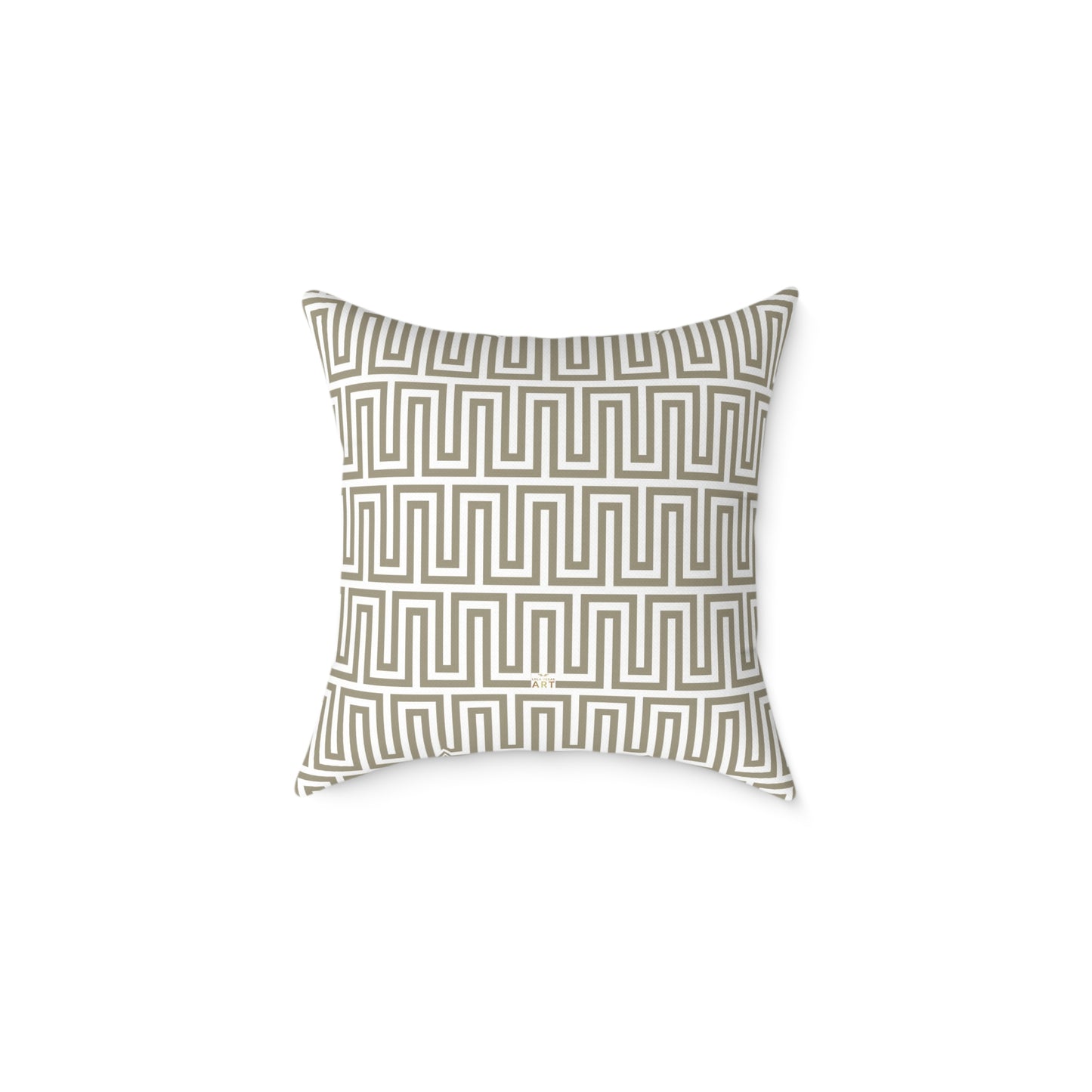 Tan White Greek Key Geometric Pattern Pillow | Square Poly Canvas Throw Pillow