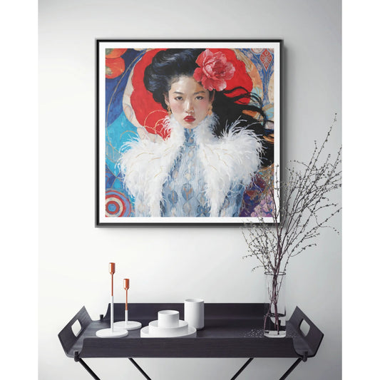 Asian Femme Portrait Matte Canvas Framed | Woman with Feather Collar Wall Art
