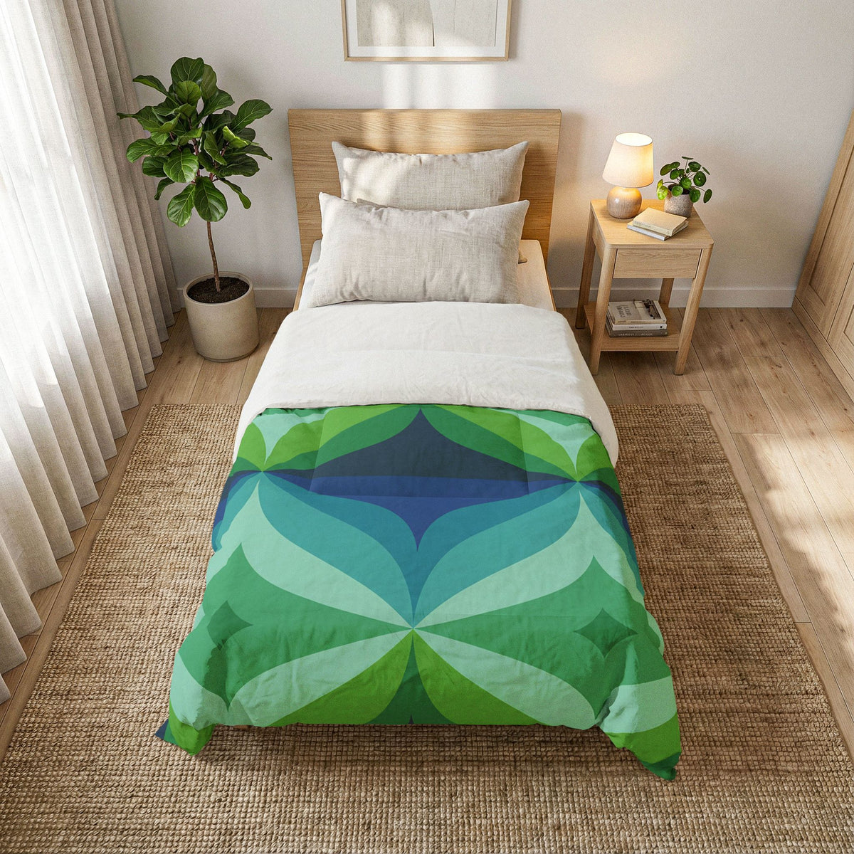 Geometric Green Blue Leaf Pattern Cotton Comforter | Mid Century Modern Bedding