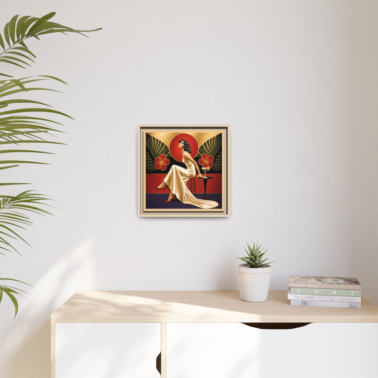 Art Deco Lady Red Green Beige Tropical Canvas Framed Wall Art | Matte Print