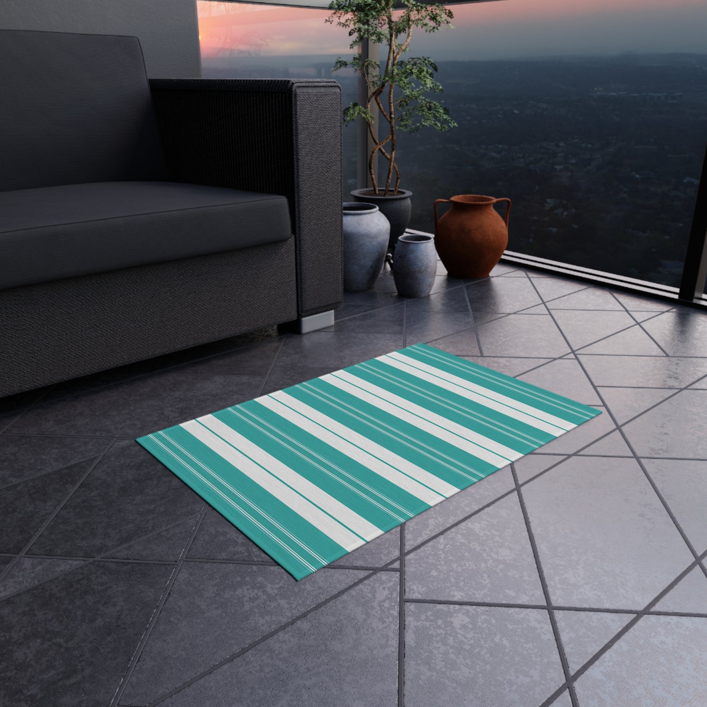 Teal White Stripe Outdoor/Indoor Rug | Patio Deck Mat