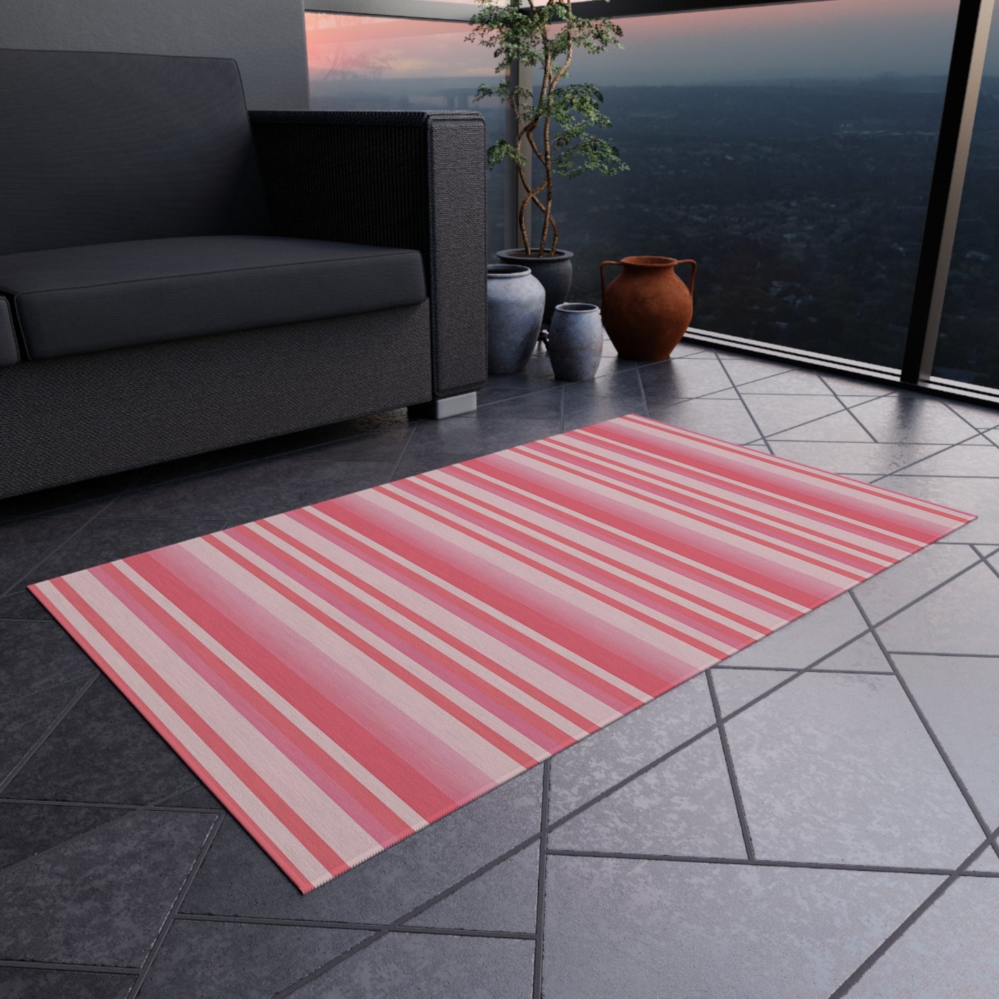 Medium Pink Light Pink Stripe Pattern Outdoor/Indoor Rug | Patio Mat, Water-Resistant Deck Rug