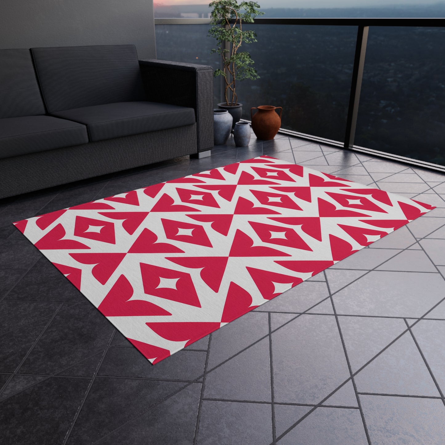 Rosey-Red Geometric Diamond Pattern Outdoor/Indoor Rug | Modern Patio Mat