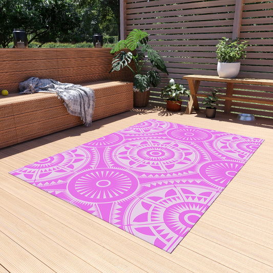 Pink and White Mandala Boho Outdoor Rug with Geometric Pattern, Patio Decor, Boho Outdoor Style, Area Rug for Decks, Porches & Gardens - LOLA VEGAS ART