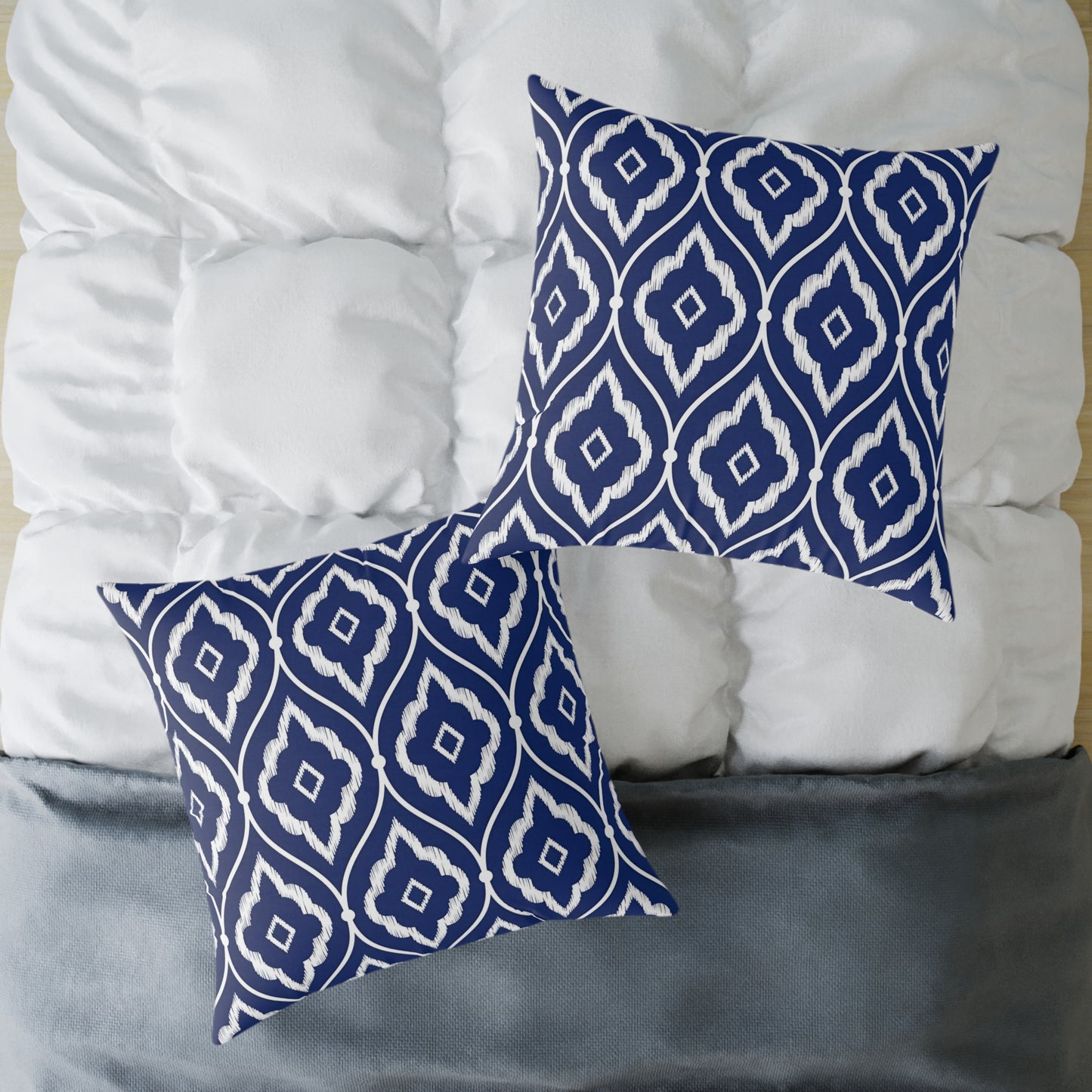 Navy and White Ikat Geometric Pattern Square Pillow | Coastal Home Decor