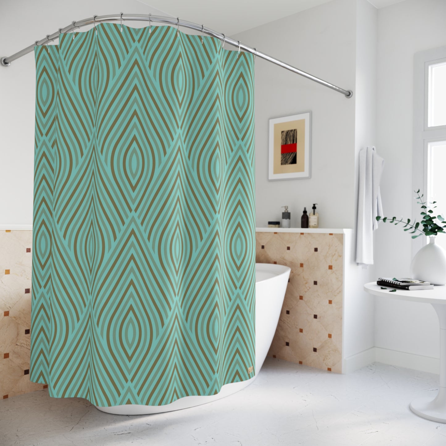 Retro Style Teal Retro Geometric Pattern Shower Curtain | Mid Century Modern, Stylish Home Decor