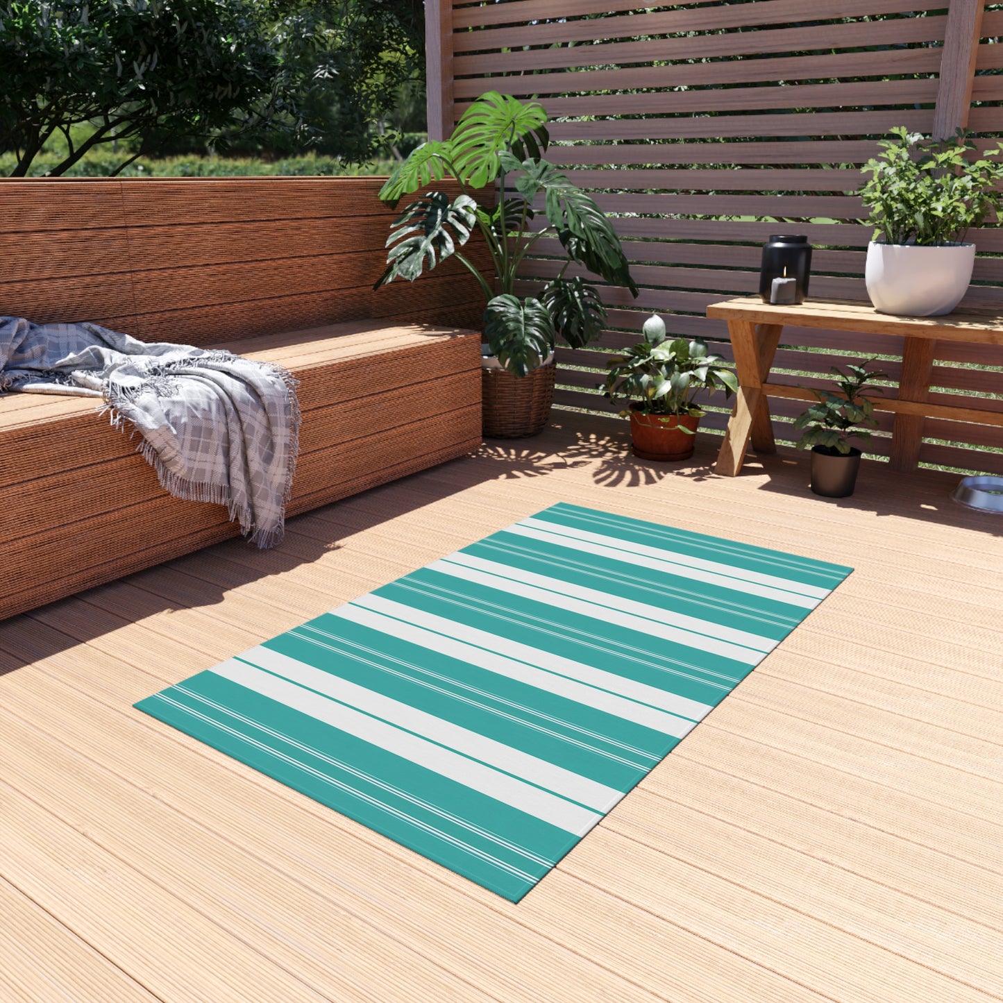 Teal White Stripe Outdoor/Indoor Rug | Patio Deck Mat