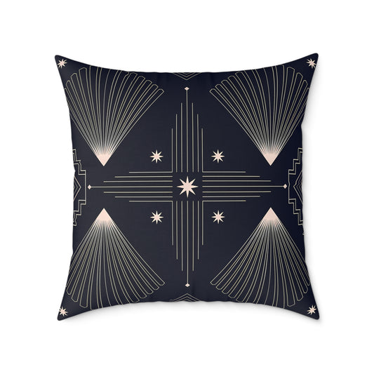 Indigo Blue Art Deco Starburst Square Pillow | Geometric Night Sky Throw Pillow