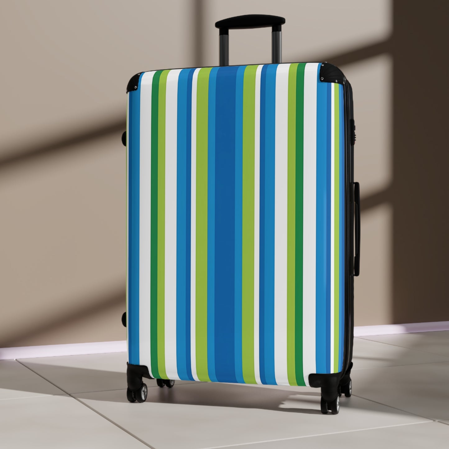 Blue Green Vertical Stripes Suitcase | Luggage Travel Accessory