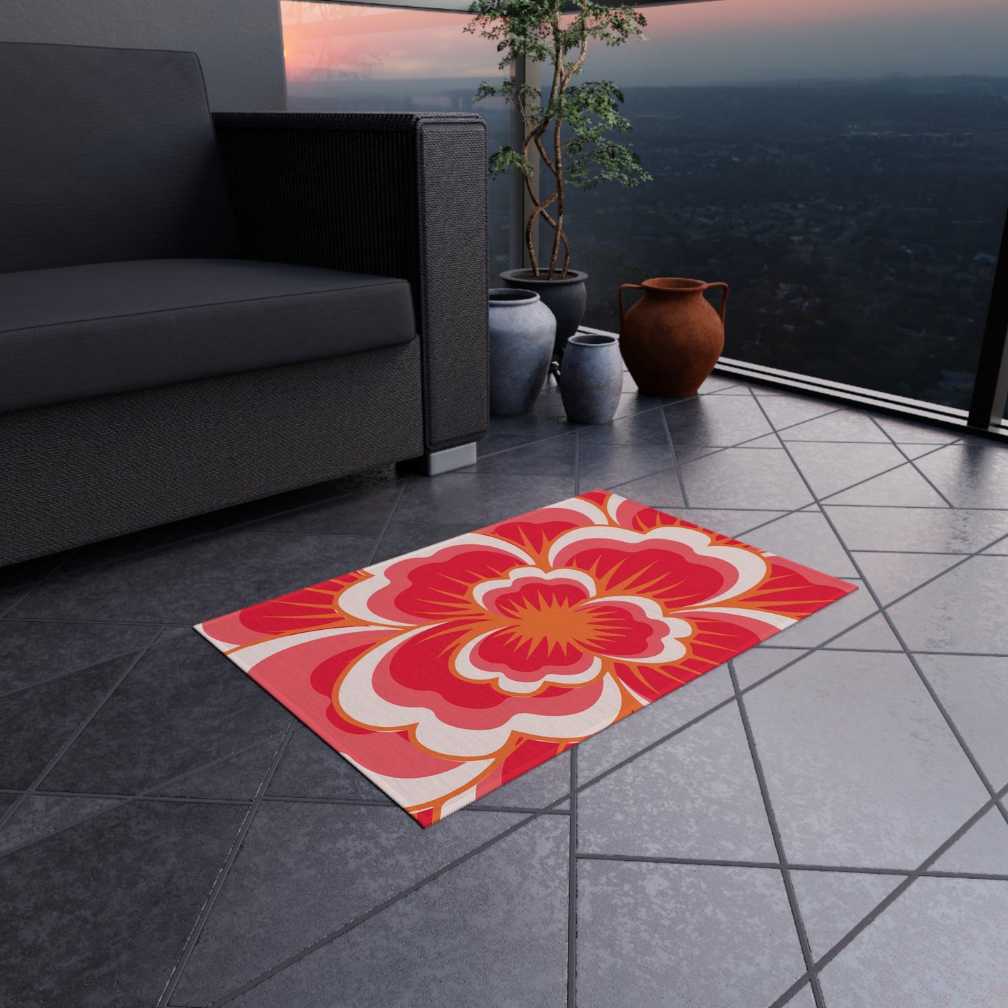 Bold Retro Floral Outdoor/Indoor Rug | Red Pink Hibiscus Pattern
