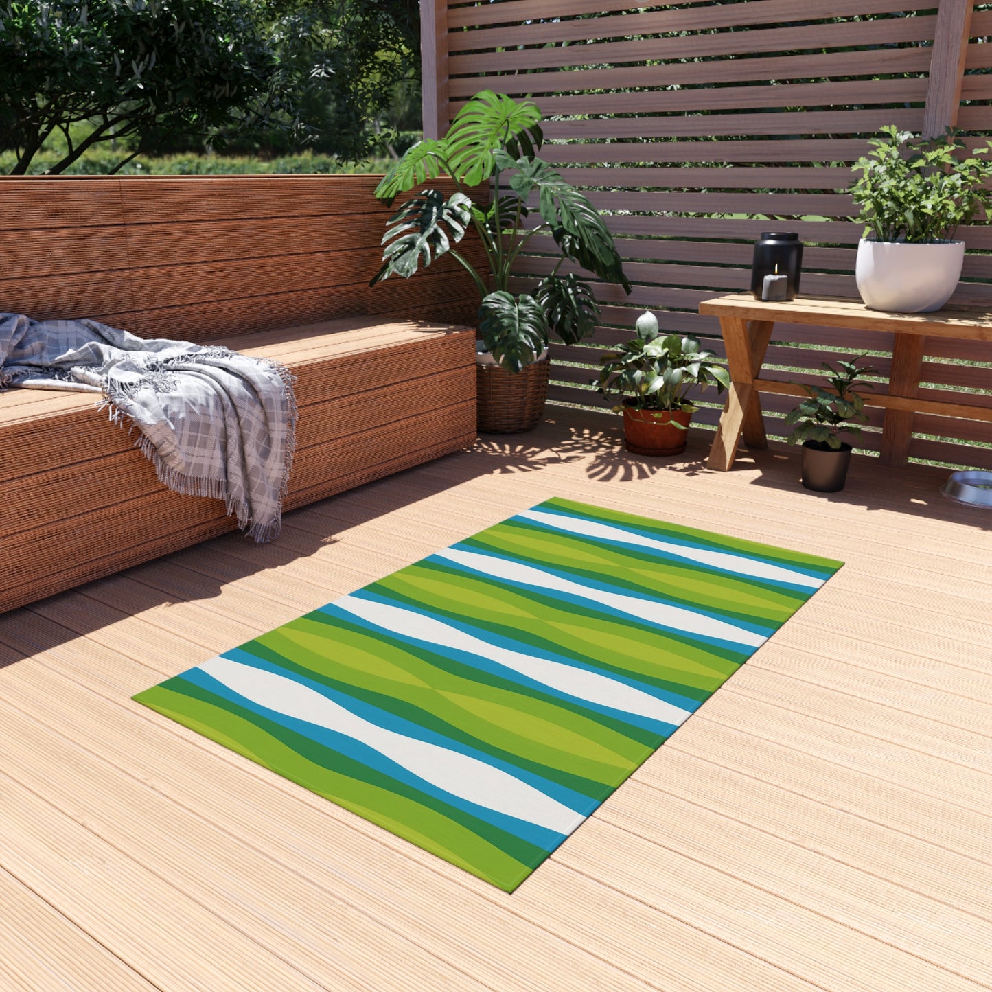 Green Blue White Wave Pattern Outdoor Rug | Striped Patio Mat