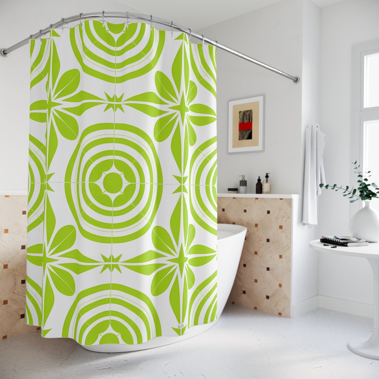 Green Retro Floral Pattern Shower Curtain | Mid Century Circles
