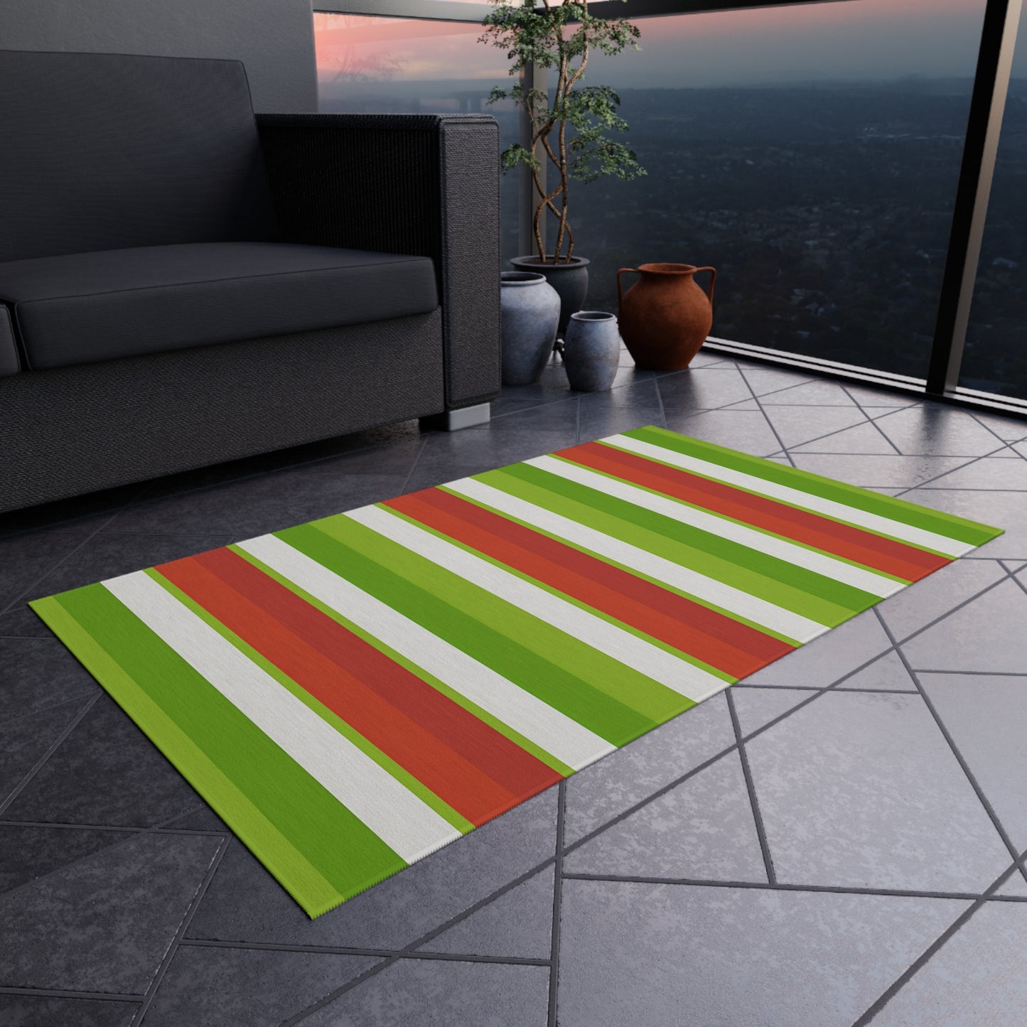 Green Orange Red White Stripe Outdoor/Indoor Rug | Patio Mat, Weatherproof Porch Rug