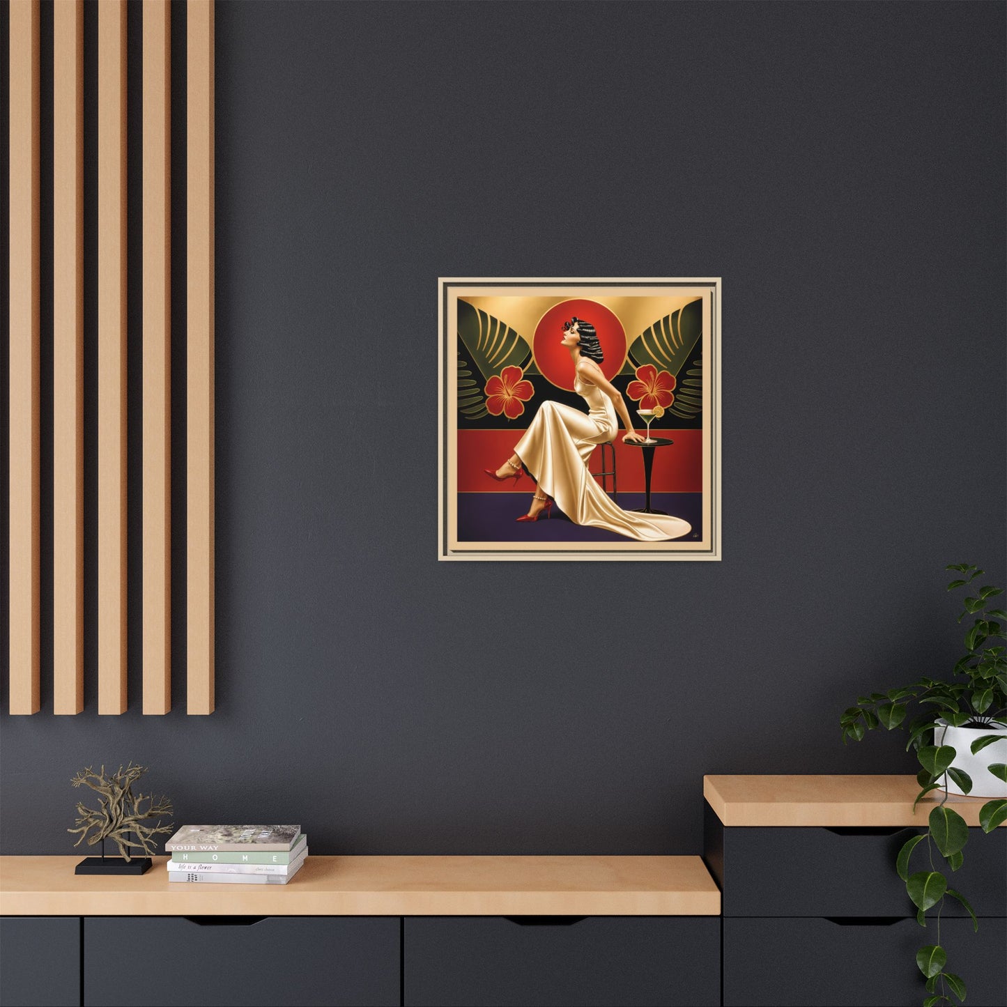 Art Deco Lady Red Green Beige Tropical Canvas Framed Wall Art | Matte Print
