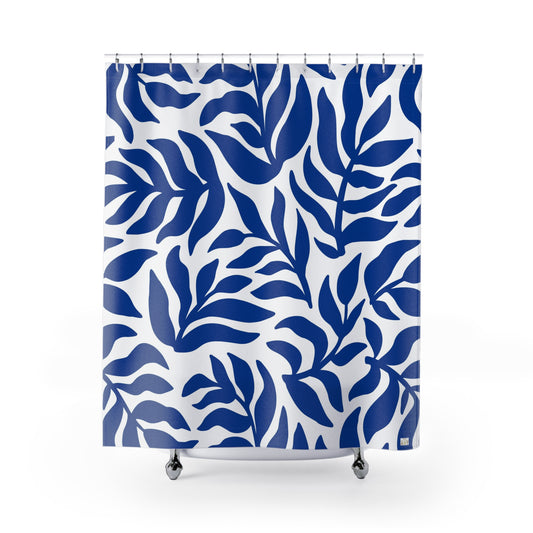 Blue Leaf Pattern Shower Curtain | Botanical Bathroom Decor Tropical Bathroom Accessory